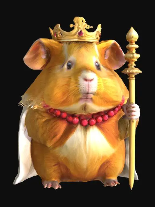 3D model for A regal guinea pig king stands proudly, its short, dense fur a rich golden-brown, meticulously groomed. It wears a miniature, ornate crown of dull, polished brass, adorned with tiny, smooth, ruby-like beads. The guinea pig's posture is upright and noble, its small, dark eyes reflecting a calm authority, giving it a solid, grounded feel.