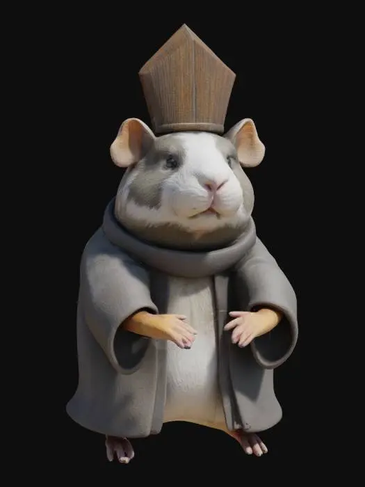 3D model for A stoic guinea pig bishop, its short, coarse fur a mottled grey and white, forms a natural clerical collar around its neck. It wears a stylized, angular mitre of matte, dark wood, with subtle grain patterns. The guinea pig's head is slightly tilted, conveying a wise, contemplative demeanor. The overall form feels compact and sturdy.