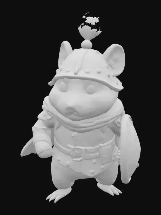 3D model for A dynamic guinea pig knight, its sleek, tan fur defining its muscular form, poised mid-trot as if ready for battle. Its mane is styled to mimic a flowing helmet plume, and its head is slightly turned. A miniature, slightly tarnished iron helmet covers its head, textured to suggest hammered metal, giving it a surprisingly agile yet solid appearance.