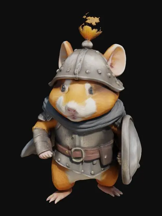 3D model for A dynamic guinea pig knight, its sleek, tan fur defining its muscular form, poised mid-trot as if ready for battle. Its mane is styled to mimic a flowing helmet plume, and its head is slightly turned. A miniature, slightly tarnished iron helmet covers its head, textured to suggest hammered metal, giving it a surprisingly agile yet solid appearance.