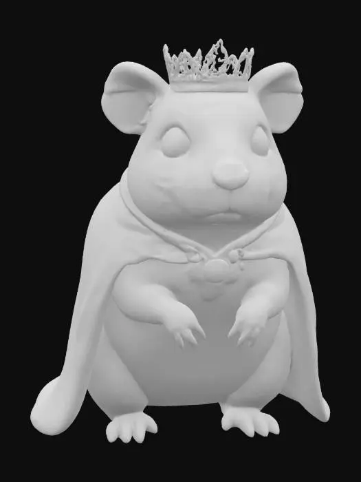 3D model for A graceful guinea pig queen, her long, flowing coat a luxurious cream, cascades around her like a royal robe. She's topped with a slender, elegant silver diadem, its surface subtly textured with delicate filigree. Her expression is serene and dignified, with alert, dark eyes. The piece feels soft to the touch, yet possesses a surprising structural elegance.