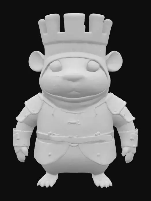 3D model for A robust guinea pig rook,it's hatis  sculpted to resemble a solid, cylindrical castle tower ,Its flat, fortress-like top features subtle crenellations, appearing to be crafted from rough, unpolished stone. It wears amor resembling stone.The guinea pig's sturdy build suggests unyielding strength and a grounded, heavy presence.