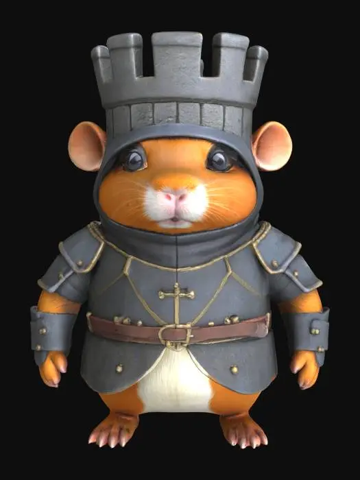 3D model for A robust guinea pig rook,it's hatis  sculpted to resemble a solid, cylindrical castle tower ,Its flat, fortress-like top features subtle crenellations, appearing to be crafted from rough, unpolished stone. It wears amor resembling stone.The guinea pig's sturdy build suggests unyielding strength and a grounded, heavy presence.