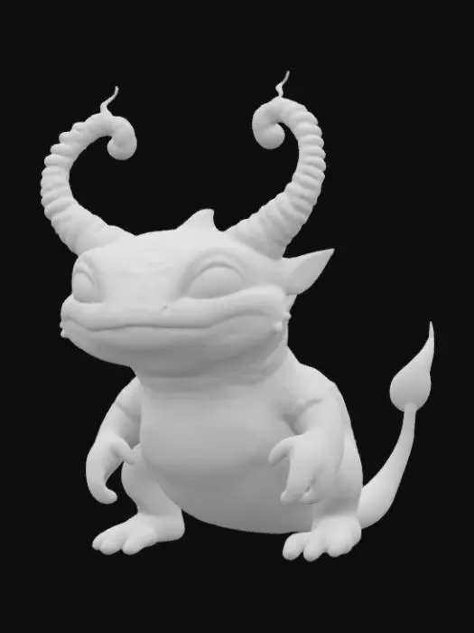 3D model for A charming, squat monster covered in bright orange scales that shimmer subtly, each scale feeling smooth and slightly raised. It has a broad, flat head with two antennae that curl playfully, tipped with tiny, glowing orbs. Its body is barrel-shaped, supported by four short, thick legs, and it has a small, segmented tail. The overall impression is solid yet amiable, with a curious, wide-eyed gaze.