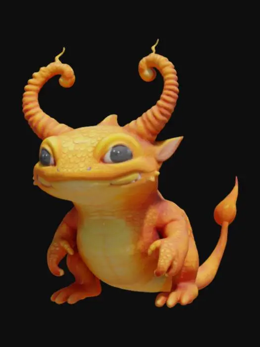 3D model for A charming, squat monster covered in bright orange scales that shimmer subtly, each scale feeling smooth and slightly raised. It has a broad, flat head with two antennae that curl playfully, tipped with tiny, glowing orbs. Its body is barrel-shaped, supported by four short, thick legs, and it has a small, segmented tail. The overall impression is solid yet amiable, with a curious, wide-eyed gaze.