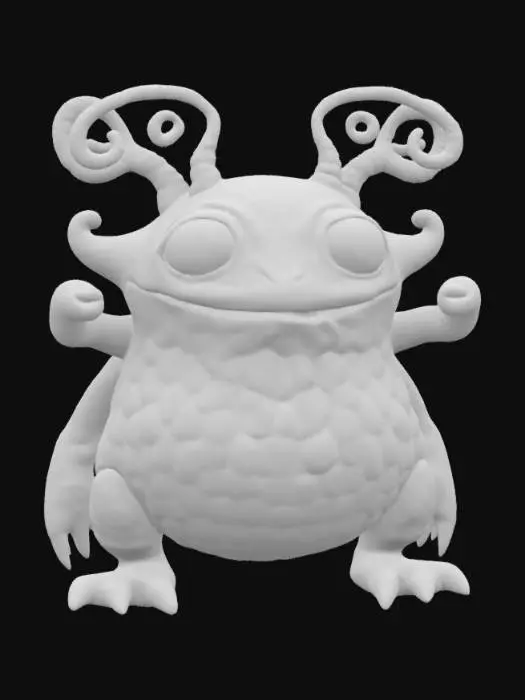 3D model for A charming, squat monster covered in bright orange scales that shimmer subtly, each scale feeling smooth and slightly raised. It has a broad, flat head with two antennae that curl playfully, tipped with tiny, glowing orbs. Its body is barrel-shaped, supported by four short, thick legs, and it has a small, segmented tail. The overall impression is solid yet amiable, with a curious, wide-eyed gaze.