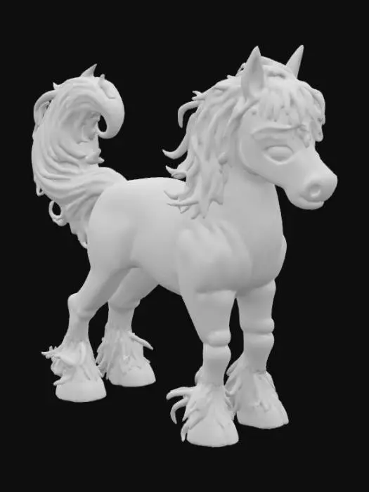 3D model for A magnificent kelpie, depicted in its equine form, has a powerful, muscular build with a coat of slick, deep charcoal black that appears constantly wet and glistening. Its eyes glow with an eerie, phosphorescent green, and its mane and tail are composed of swirling, dark kelp and water weeds, giving them a viscous, flowing texture. The horse's hide feels cool and slimy to the touch, reflecting its aquatic nature, with water droplets perpetually clinging to its surface.