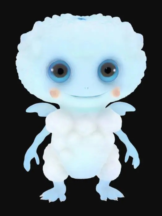 3D model for A whimsical monster made of a soft, cloud-like material, appearing translucent white with a hint of pastel blue. It floats gently, its form ever-so-slightly shifting, with two large, dewy eyes and a small, delicate smile. Its texture would be incredibly light and airy, almost imperceptible. It has small, wing-like appendages that flutter subtly, giving it a dreamlike, ethereal presence.