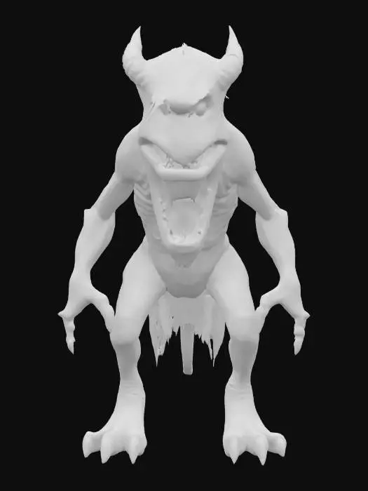 3D model for A grotesque bipedal figure, its body a patchwork of stitched-together, decaying human skin in various shades of brown and green, indicating a leathery, dry texture. Coarse, dark hair erupts in matted clumps from its shoulders and back. Its face is a flat expanse dominated by a wide, toothless maw and two sunken, glassy yellow eyes that never blink. Heavy, cloven hooves replace its feet, making its movements feel deliberate and heavy.