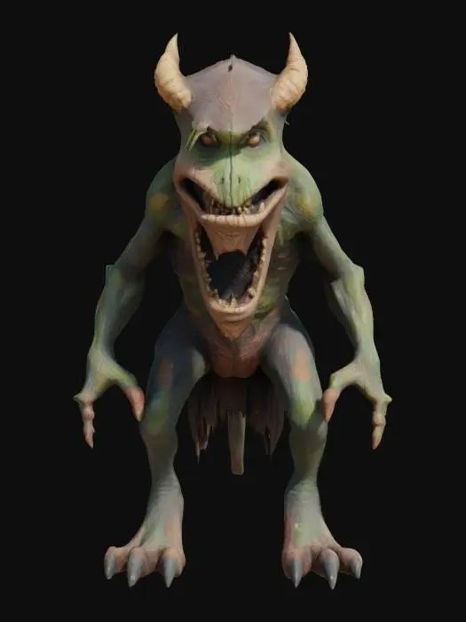 3D model for A grotesque bipedal figure, its body a patchwork of stitched-together, decaying human skin in various shades of brown and green, indicating a leathery, dry texture. Coarse, dark hair erupts in matted clumps from its shoulders and back. Its face is a flat expanse dominated by a wide, toothless maw and two sunken, glassy yellow eyes that never blink. Heavy, cloven hooves replace its feet, making its movements feel deliberate and heavy.