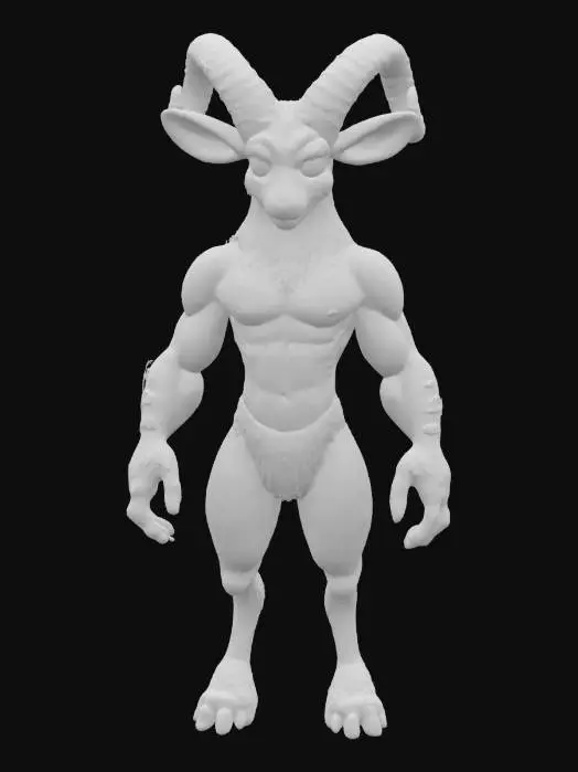 3D model for A whimsical faun, with the lean, muscular torso of a human, covered in smooth, olive-toned skin. Its lower half transforms into powerful, agile goat legs, adorned with coarse, shaggy brown fur that appears thick and earthy, ending in cloven hooves. Pointed, furry ears protrude from the sides of its head, and small, spiraled ram-like horns of a dark, polished ebony emerge from its brow, giving it a playful yet wild appearance.