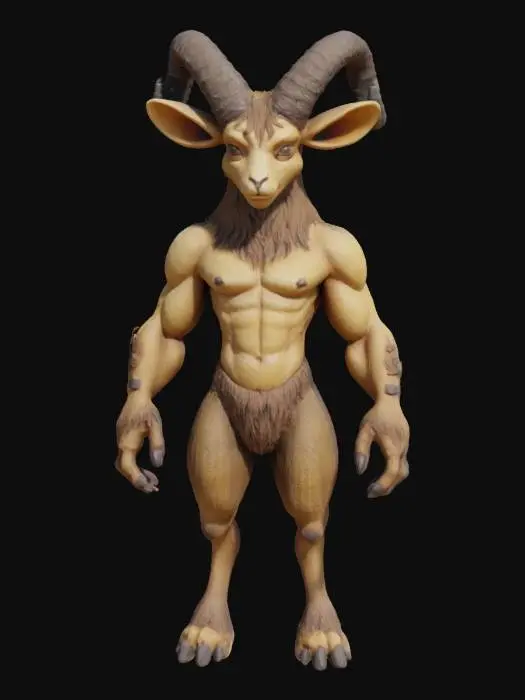 3D model for A whimsical faun, with the lean, muscular torso of a human, covered in smooth, olive-toned skin. Its lower half transforms into powerful, agile goat legs, adorned with coarse, shaggy brown fur that appears thick and earthy, ending in cloven hooves. Pointed, furry ears protrude from the sides of its head, and small, spiraled ram-like horns of a dark, polished ebony emerge from its brow, giving it a playful yet wild appearance.