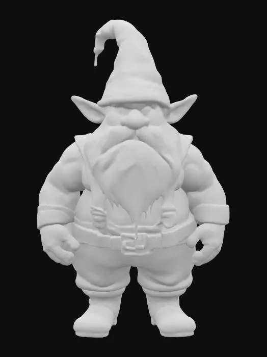 3D model for A stocky, robust gnome stands with a grounded, sturdy posture, radiating an earthy resilience. His skin is a tanned, weathered brown, hinting at a life spent outdoors, and his face is dominated by a long, bushy white beard that appears thick and slightly coarse. A vibrant, conical red hat, made of what seems to be felt or thick wool, sits firmly on his head. His small, beady eyes are observant, and his stout, muscular limbs are clad in rough, durable leather and homespun fabrics.