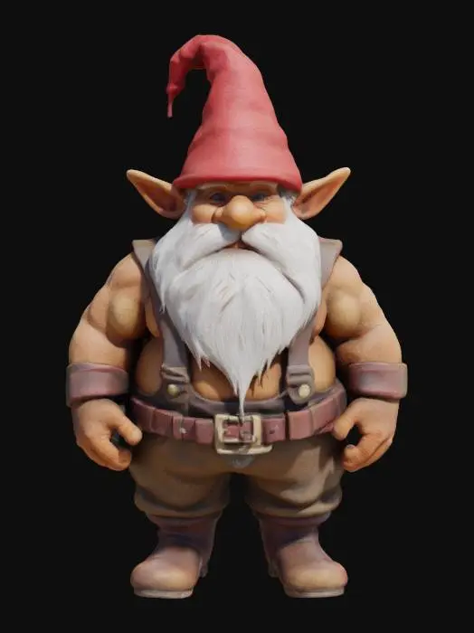 3D model for A stocky, robust gnome stands with a grounded, sturdy posture, radiating an earthy resilience. His skin is a tanned, weathered brown, hinting at a life spent outdoors, and his face is dominated by a long, bushy white beard that appears thick and slightly coarse. A vibrant, conical red hat, made of what seems to be felt or thick wool, sits firmly on his head. His small, beady eyes are observant, and his stout, muscular limbs are clad in rough, durable leather and homespun fabrics.