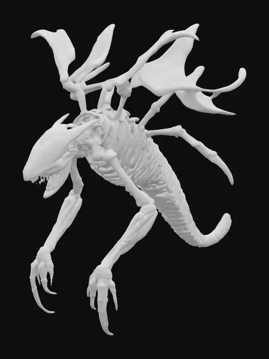 3D model for #ocean#, An H.R. Giger-inspired sea creature, featuring a skeletal, biomechanical exoskeleton with a dark, oily sheen. Its elongated body is segmented, resembling articulated chitinous plates fused with metallic elements. The texture is a grotesque blend of ribbed bone and smooth, corrosive-resistant metal, appearing both organic and industrial. Predominantly charcoal grey and deep black, with occasional highlights of oxidized copper or dull silver. Sharp, angular fins and multiple, piercing appendages protrude from its form, giving it a menacing, predatory posture.