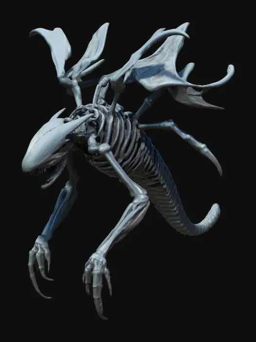3D model for #ocean#, An H.R. Giger-inspired sea creature, featuring a skeletal, biomechanical exoskeleton with a dark, oily sheen. Its elongated body is segmented, resembling articulated chitinous plates fused with metallic elements. The texture is a grotesque blend of ribbed bone and smooth, corrosive-resistant metal, appearing both organic and industrial. Predominantly charcoal grey and deep black, with occasional highlights of oxidized copper or dull silver. Sharp, angular fins and multiple, piercing appendages protrude from its form, giving it a menacing, predatory posture.