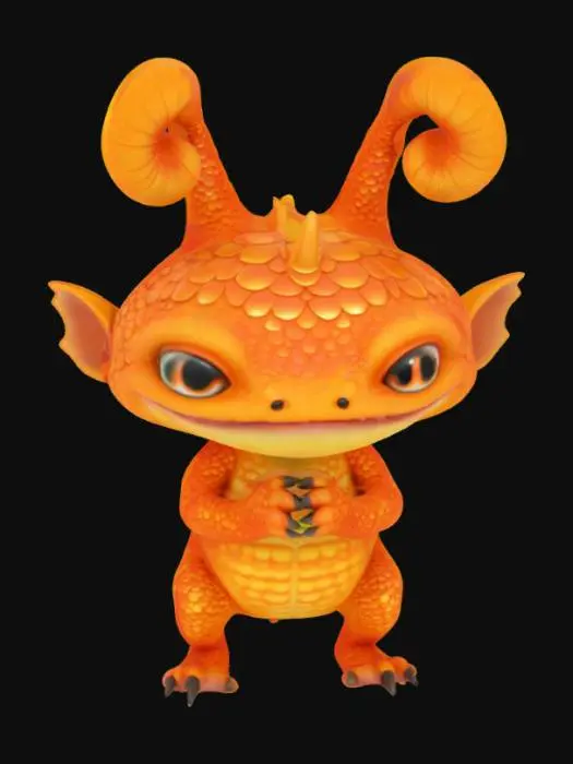 3D model for A charming, squat monster covered in bright orange scales that shimmer subtly, each scale feeling smooth and slightly raised. It has a broad, flat head with two antennae that curl playfully, tipped with tiny, glowing orbs. Its body is barrel-shaped, supported by four short, thick legs, and it has a small, segmented tail. The overall impression is solid yet amiable, with a curious, wide-eyed gaze.