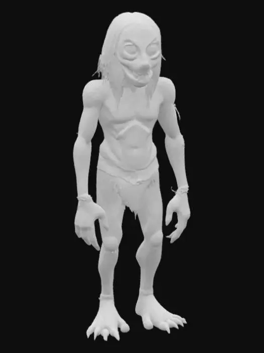 3D model for A grotesque bipedal figure, its body a patchwork of stitched-together, decaying human skin in various shades of brown and green, indicating a leathery, dry texture. Coarse, dark hair erupts in matted clumps from its shoulders and back. Its face is a flat expanse dominated by a wide, toothless maw and two sunken, glassy yellow eyes that never blink. Heavy, cloven hooves replace its feet, making its movements feel deliberate and heavy.