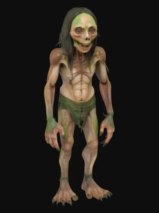 3D model for A grotesque bipedal figure, its body a patchwork of stitched-together, decaying human skin in various shades of brown and green, indicating a leathery, dry texture. Coarse, dark hair erupts in matted clumps from its shoulders and back. Its face is a flat expanse dominated by a wide, toothless maw and two sunken, glassy yellow eyes that never blink. Heavy, cloven hooves replace its feet, making its movements feel deliberate and heavy.