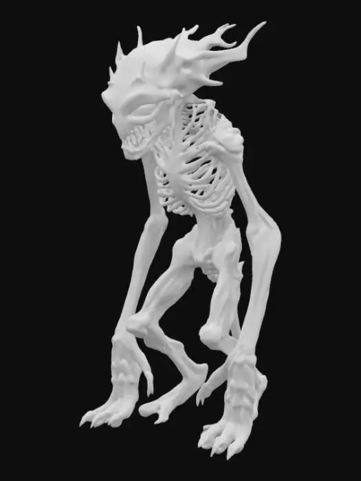 3D model for A monstrous creature with a hunched, emaciated frame covered in taut, pale grey flesh. Its skin is slick with an oily sheen, revealing prominent bones beneath. Numerous small, black, unblinking eyes are scattered across its asymmetrical skull, which is crowned with sharp, translucent bone spikes. Its long, slender limbs end in gnarled, multi-jointed fingers tipped with jagged obsidian claws, suggesting a cold, rigid touch.