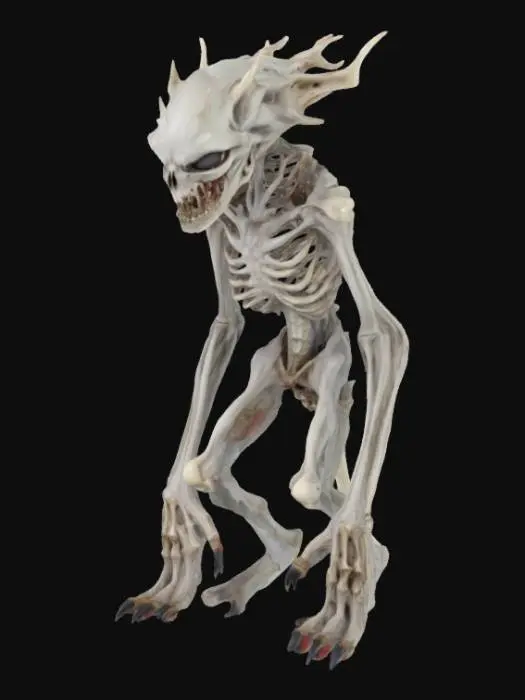 3D model for A monstrous creature with a hunched, emaciated frame covered in taut, pale grey flesh. Its skin is slick with an oily sheen, revealing prominent bones beneath. Numerous small, black, unblinking eyes are scattered across its asymmetrical skull, which is crowned with sharp, translucent bone spikes. Its long, slender limbs end in gnarled, multi-jointed fingers tipped with jagged obsidian claws, suggesting a cold, rigid touch.