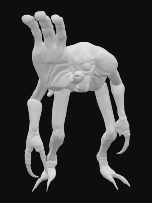 3D model for A bizarre, humanoid creature with an unsettling, organic form. Its head is a human hand frozen in the gesture for the letter 'M' in sign language, with five distinct, unblinking eyes set unnervingly on each fingertip where a nail would typically be. The creature's body is another large, contorted hand, posed as a downward-facing claw, giving it a hunched, predatory posture. Its skin appears pale, taut, and slightly glistening, with visible knuckle ridges and folds suggesting a smooth yet leathery texture.