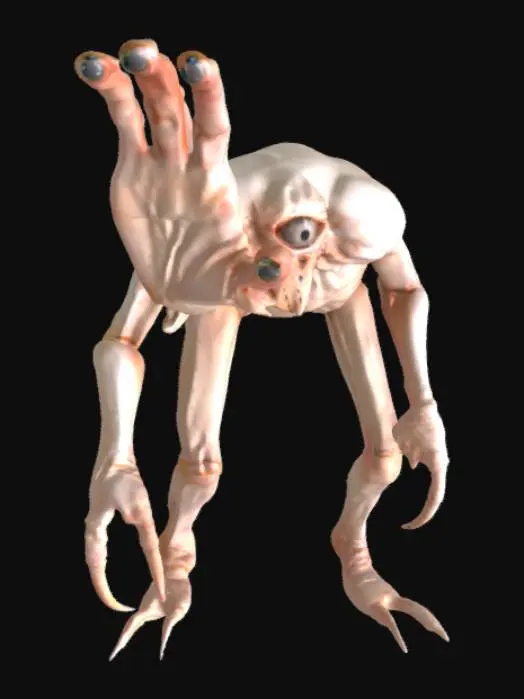 3D model for A bizarre, humanoid creature with an unsettling, organic form. Its head is a human hand frozen in the gesture for the letter 'M' in sign language, with five distinct, unblinking eyes set unnervingly on each fingertip where a nail would typically be. The creature's body is another large, contorted hand, posed as a downward-facing claw, giving it a hunched, predatory posture. Its skin appears pale, taut, and slightly glistening, with visible knuckle ridges and folds suggesting a smooth yet leathery texture.