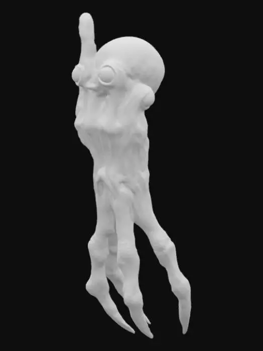 3D model for A bizarre, humanoid creature with an unsettling, organic form. Its head is a human hand frozen in the gesture for the letter 'M' in sign language, with five distinct, unblinking eyes set unnervingly on each fingertip where a nail would typically be. The creature's body is another large, contorted hand, posed as a downward-facing claw, giving it a hunched, predatory posture. Its skin appears pale, taut, and slightly glistening, with visible knuckle ridges and folds suggesting a smooth yet leathery texture.