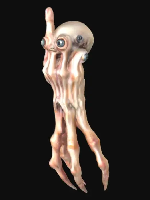 3D model for A bizarre, humanoid creature with an unsettling, organic form. Its head is a human hand frozen in the gesture for the letter 'M' in sign language, with five distinct, unblinking eyes set unnervingly on each fingertip where a nail would typically be. The creature's body is another large, contorted hand, posed as a downward-facing claw, giving it a hunched, predatory posture. Its skin appears pale, taut, and slightly glistening, with visible knuckle ridges and folds suggesting a smooth yet leathery texture.