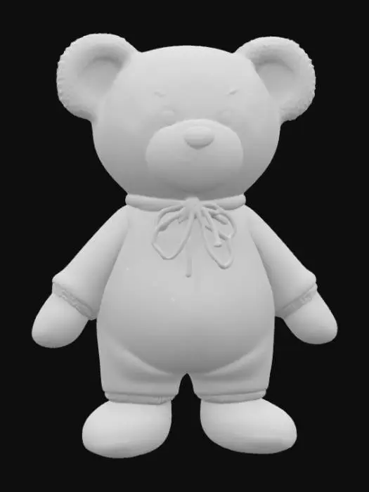 3D model for A humble teddy bear, created from light beige, short-pile plush, stands in a simple, upright position. It wears a plain, loose-fitting brown smock, tied at the waist with a thin cord, giving it an unassuming appearance. Its head is uncovered, revealing round, expressive black eyes and a small, embroidered smile. The plush is uniformly soft and smooth to the touch, providing a comforting, familiar feel, embodying a basic yet endearing form.