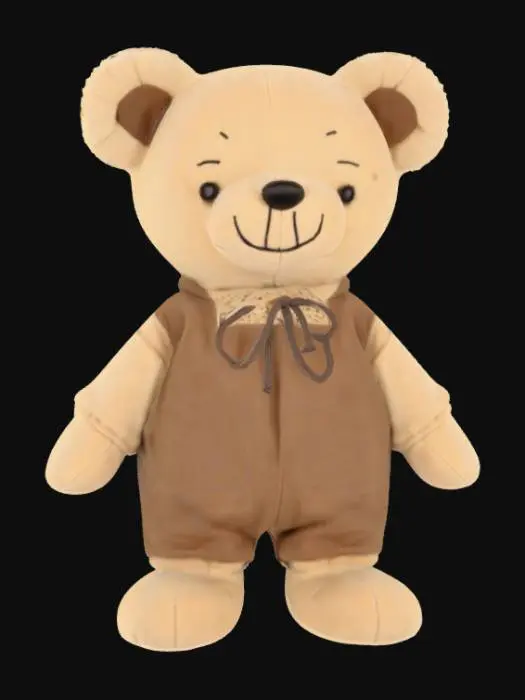 3D model for A humble teddy bear, created from light beige, short-pile plush, stands in a simple, upright position. It wears a plain, loose-fitting brown smock, tied at the waist with a thin cord, giving it an unassuming appearance. Its head is uncovered, revealing round, expressive black eyes and a small, embroidered smile. The plush is uniformly soft and smooth to the touch, providing a comforting, familiar feel, embodying a basic yet endearing form.