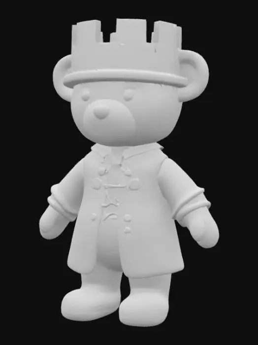 3D model for A sturdy teddy bear, constructed from coarse, grey felt, stands firmly on its flat base. It wears a simple, robust brown tunic, resembling worn leather, with subtle stitched detailing. Its defining feature is a cylindrical, battle-worn grey hat, designed to mimic the crenellated top of a castle rook, complete with cut-out battlements. The felt gives it a firm, slightly bristly texture, making it feel solid and grounded.