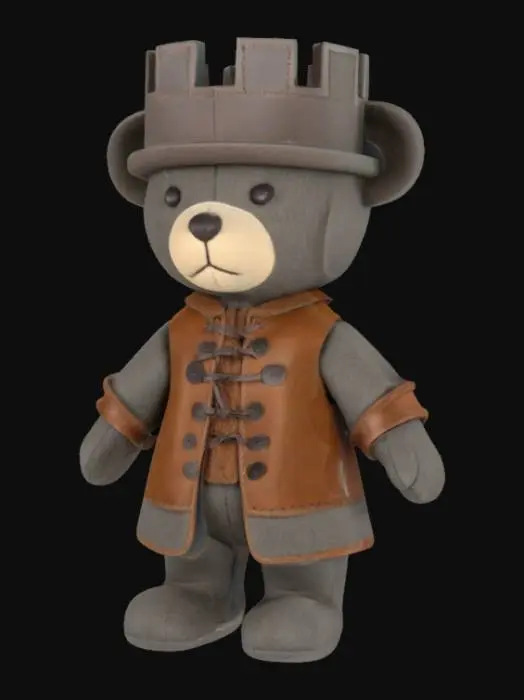 3D model for A sturdy teddy bear, constructed from coarse, grey felt, stands firmly on its flat base. It wears a simple, robust brown tunic, resembling worn leather, with subtle stitched detailing. Its defining feature is a cylindrical, battle-worn grey hat, designed to mimic the crenellated top of a castle rook, complete with cut-out battlements. The felt gives it a firm, slightly bristly texture, making it feel solid and grounded.