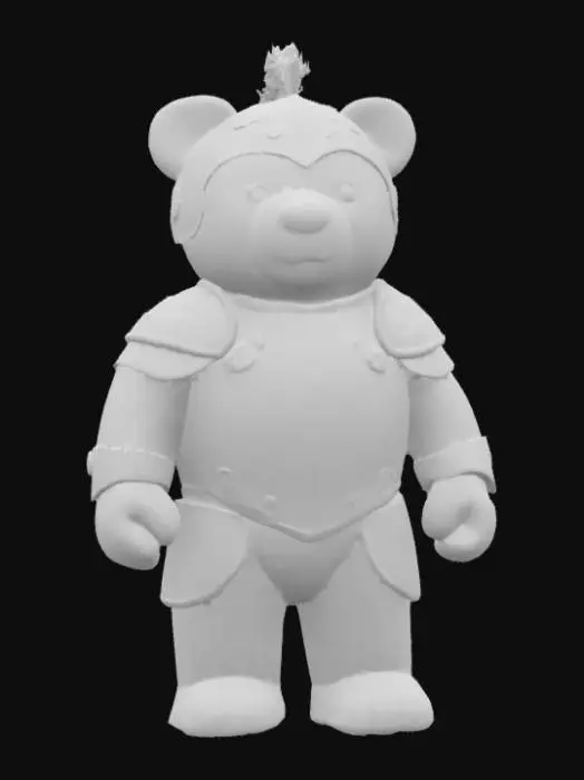 3D model for A valiant teddy bear, composed of dense, charcoal-grey plush, strikes a bold, ready-for-action pose. It is encased in a miniature, stylized suit of silvery-grey felt armor, complete with a chest plate and segmented shoulder pieces. A closed-faced helmet, resembling a knight's visor, covers its head, featuring a prominent, horse-like mane made of dark faux fur. The bear's surface offers a mix of soft plush and firm felt, feeling both cuddly and sturdy.