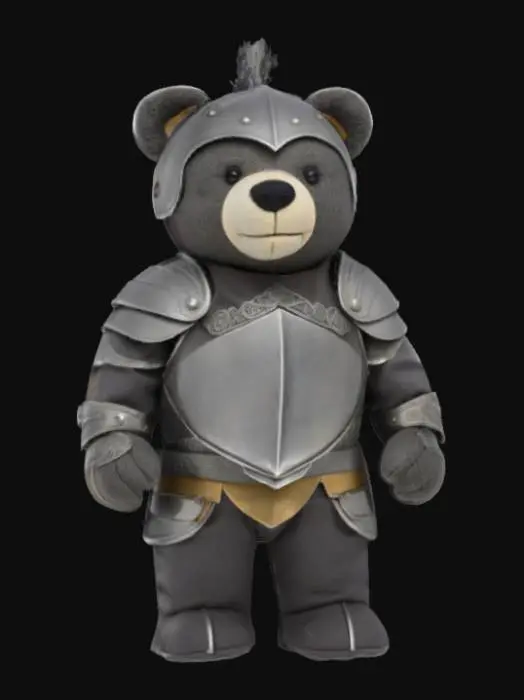 3D model for A valiant teddy bear, composed of dense, charcoal-grey plush, strikes a bold, ready-for-action pose. It is encased in a miniature, stylized suit of silvery-grey felt armor, complete with a chest plate and segmented shoulder pieces. A closed-faced helmet, resembling a knight's visor, covers its head, featuring a prominent, horse-like mane made of dark faux fur. The bear's surface offers a mix of soft plush and firm felt, feeling both cuddly and sturdy.