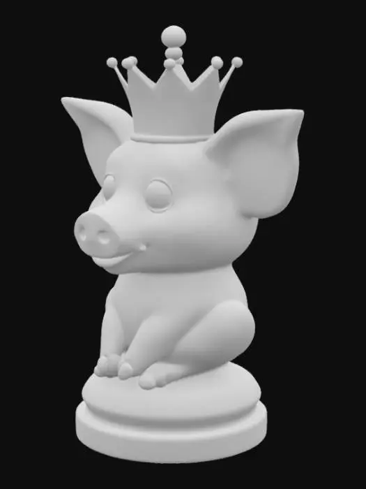 3D model for An adorable pig queen chess piece, sculpted from lustrous ebony, possesses a slightly more slender and elegant form than the king. A delicate, pointed crown adorns its head, crafted from a gleaming silver material. Its features are refined, with a gentle snout and small, bright eyes. The texture is smooth, with a subtle sheen that highlights its graceful contours.