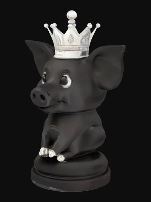 3D model for An adorable pig queen chess piece, sculpted from lustrous ebony, possesses a slightly more slender and elegant form than the king. A delicate, pointed crown adorns its head, crafted from a gleaming silver material. Its features are refined, with a gentle snout and small, bright eyes. The texture is smooth, with a subtle sheen that highlights its graceful contours.