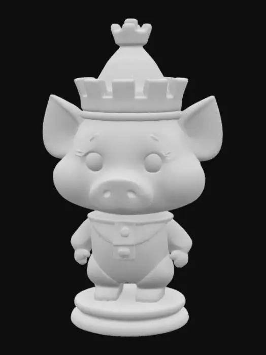 3D model for An adorable pig rook chess piece, carved from light, rough-hewn stone, embodies a sturdy, cylindrical form. It wears a literal rook-shaped hat, resembling a castle turret with battlements, fitting snugly over its head. The pig's face is broad and steadfast, with small, determined eyes. Its short legs are firmly planted, suggesting a solid, immovable presence on the board.
