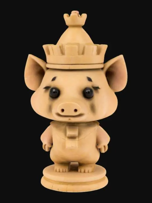 3D model for An adorable pig rook chess piece, carved from light, rough-hewn stone, embodies a sturdy, cylindrical form. It wears a literal rook-shaped hat, resembling a castle turret with battlements, fitting snugly over its head. The pig's face is broad and steadfast, with small, determined eyes. Its short legs are firmly planted, suggesting a solid, immovable presence on the board.