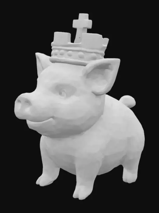 3D model for An adorable pig rook chess piece, carved from light, rough-hewn stone, embodies a sturdy, cylindrical form. It wears a literal rook-shaped hat, resembling a castle turret with battlements, fitting snugly over its head. The pig's face is broad and steadfast, with small, determined eyes. Its short legs are firmly planted, suggesting a solid, immovable presence on the board.