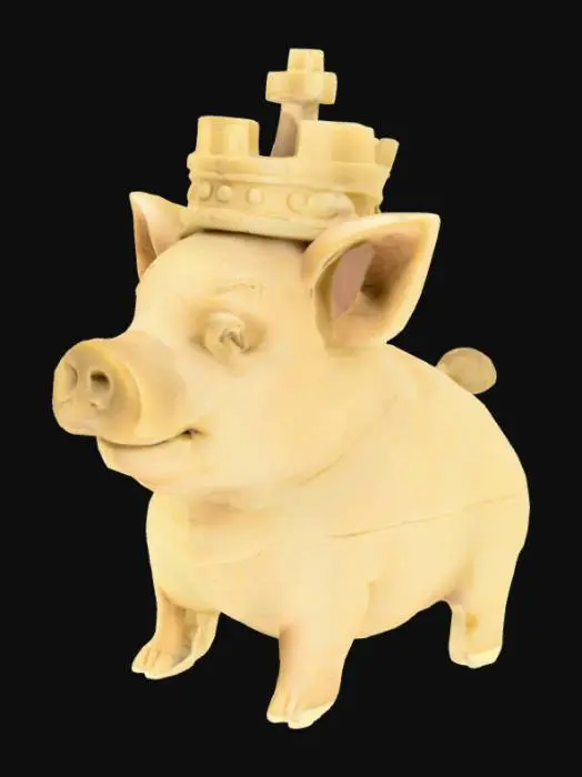 3D model for An adorable pig rook chess piece, carved from light, rough-hewn stone, embodies a sturdy, cylindrical form. It wears a literal rook-shaped hat, resembling a castle turret with battlements, fitting snugly over its head. The pig's face is broad and steadfast, with small, determined eyes. Its short legs are firmly planted, suggesting a solid, immovable presence on the board.