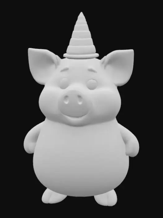 3D model for An adorable pig bishop chess piece features a chunky, conical body made of richly stained dark wood, possibly mahogany. Its distinctive bishop's miter is integrated into its head, characterized by a deep, vertical cut down the front. The pig's snouted face has a calm, wise expression, and its small, stubby legs are part of the base. The texture is smooth and warm to the touch.