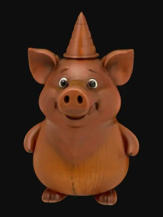 3D model for An adorable pig bishop chess piece features a chunky, conical body made of richly stained dark wood, possibly mahogany. Its distinctive bishop's miter is integrated into its head, characterized by a deep, vertical cut down the front. The pig's snouted face has a calm, wise expression, and its small, stubby legs are part of the base. The texture is smooth and warm to the touch.