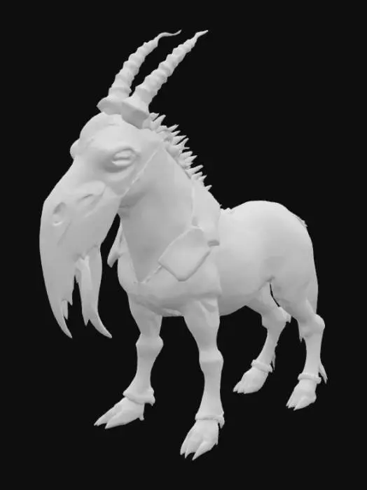 3D model for A grotesque equine creature possesses a lean, powerful build with taut, leathery hide in muted, earthy tones. Its face is dominated by a large, bone-like beak, smooth yet sharply defined, resembling a pale, macabre death mask with hollow eye sockets. A formidable mane of jagged, dark obsidian spikes erupts from its neck, rigid and menacing. Instead of hooves, its powerful legs terminate in sharp, predatory claws, crafted from a dense, dark material with a polished, almost metallic sheen.
