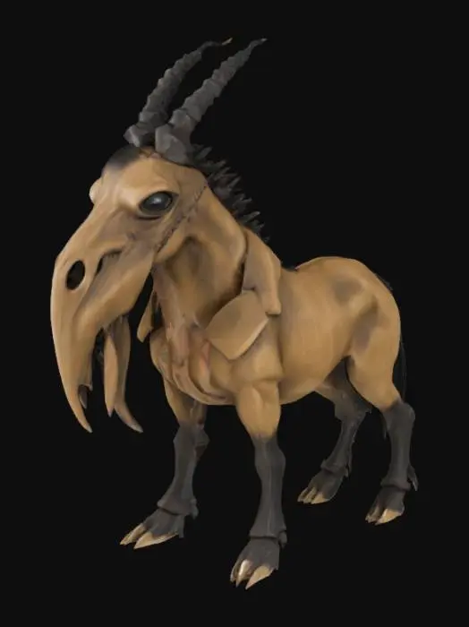 3D model for A grotesque equine creature possesses a lean, powerful build with taut, leathery hide in muted, earthy tones. Its face is dominated by a large, bone-like beak, smooth yet sharply defined, resembling a pale, macabre death mask with hollow eye sockets. A formidable mane of jagged, dark obsidian spikes erupts from its neck, rigid and menacing. Instead of hooves, its powerful legs terminate in sharp, predatory claws, crafted from a dense, dark material with a polished, almost metallic sheen.