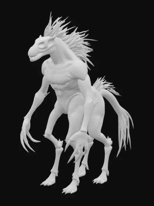 3D model for A grotesque equine creature possesses a lean, powerful build with taut, leathery hide in muted, earthy tones. Its face is dominated by a large, bone-like beak, smooth yet sharply defined, resembling a pale, macabre death mask with hollow eye sockets. A formidable mane of jagged, dark obsidian spikes erupts from its neck, rigid and menacing. Instead of hooves, its powerful legs terminate in sharp, predatory claws, crafted from a dense, dark material with a polished, almost metallic sheen.
