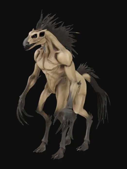 3D model for A grotesque equine creature possesses a lean, powerful build with taut, leathery hide in muted, earthy tones. Its face is dominated by a large, bone-like beak, smooth yet sharply defined, resembling a pale, macabre death mask with hollow eye sockets. A formidable mane of jagged, dark obsidian spikes erupts from its neck, rigid and menacing. Instead of hooves, its powerful legs terminate in sharp, predatory claws, crafted from a dense, dark material with a polished, almost metallic sheen.