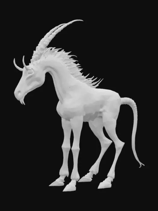 3D model for A grotesque equine creature possesses a lean, powerful build with taut, leathery hide in muted, earthy tones. Its face is dominated by a large, bone-like beak, smooth yet sharply defined, resembling a pale, macabre death mask with hollow eye sockets. A formidable mane of jagged, dark obsidian spikes erupts from its neck, rigid and menacing. Instead of hooves, its powerful legs terminate in sharp, predatory claws, crafted from a dense, dark material with a polished, almost metallic sheen.