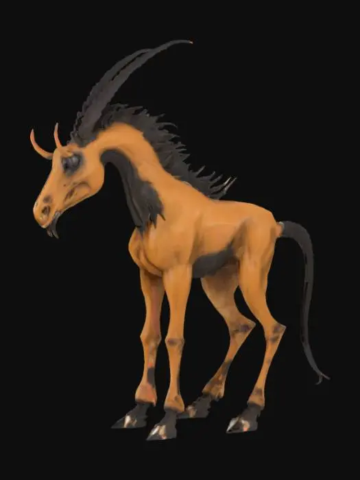 3D model for A grotesque equine creature possesses a lean, powerful build with taut, leathery hide in muted, earthy tones. Its face is dominated by a large, bone-like beak, smooth yet sharply defined, resembling a pale, macabre death mask with hollow eye sockets. A formidable mane of jagged, dark obsidian spikes erupts from its neck, rigid and menacing. Instead of hooves, its powerful legs terminate in sharp, predatory claws, crafted from a dense, dark material with a polished, almost metallic sheen.
