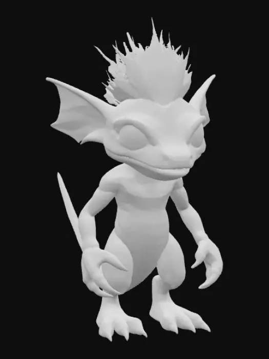 3D model for A small, hunched, bipedal reptilian creature with dark green, scaly skin and a lighter underbelly. A prominent, spiky white mohawk crests its head and back. It features large, piercing red eyes, pointed ears, and a wide, predatory mouth filled with numerous sharp teeth, often set in a cunning snarl. Its agile limbs end in long, pointed claws, emphasizing its dangerous and mischievous character.